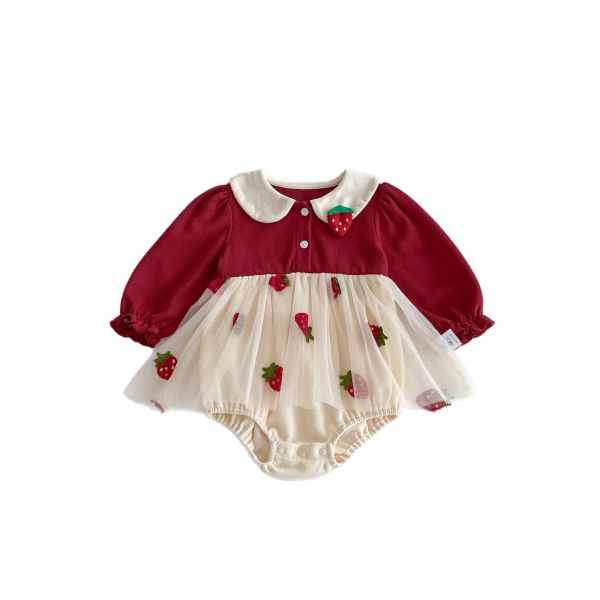 預購秋款女寶草莓網紗包屁衣尺寸66-90 