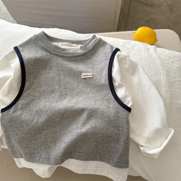 預購秋款男童日系假兩件上衣尺寸90-140 