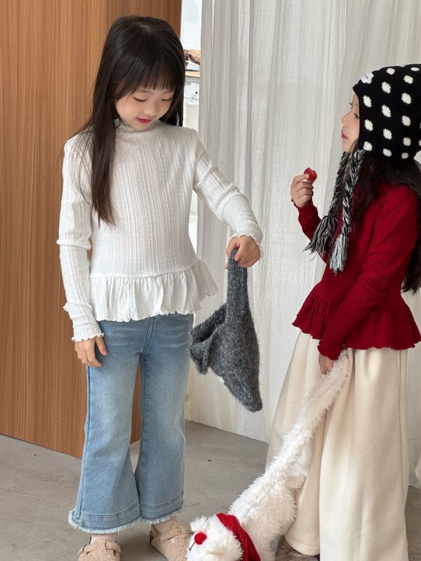 預購秋款女童法式木耳邊針織打底衫上衣尺寸90-150 