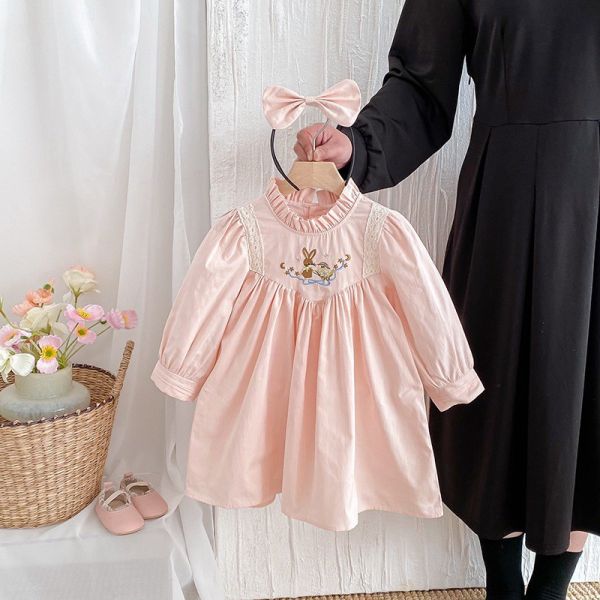 預購秋款女童花邊繡花姐妹裝含髮飾尺寸66-140 