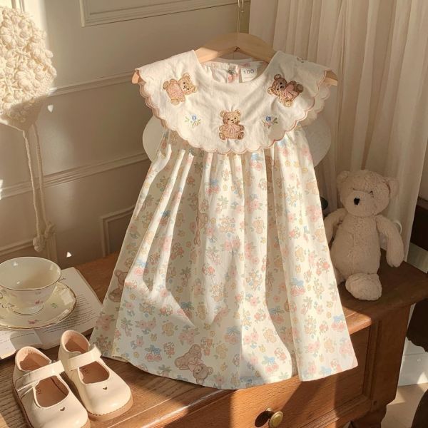 【預購】夏款-女童刺繡熊熊翻領洋裝 