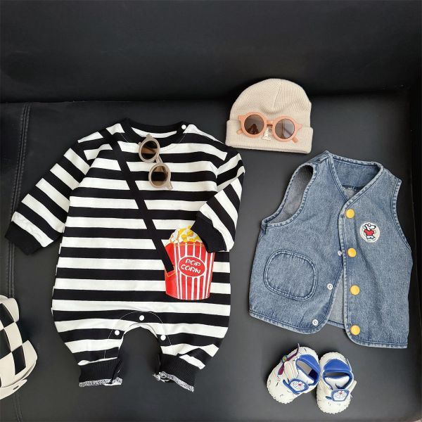 預購秋款男寶爆米花條紋連身衣尺寸66-90 