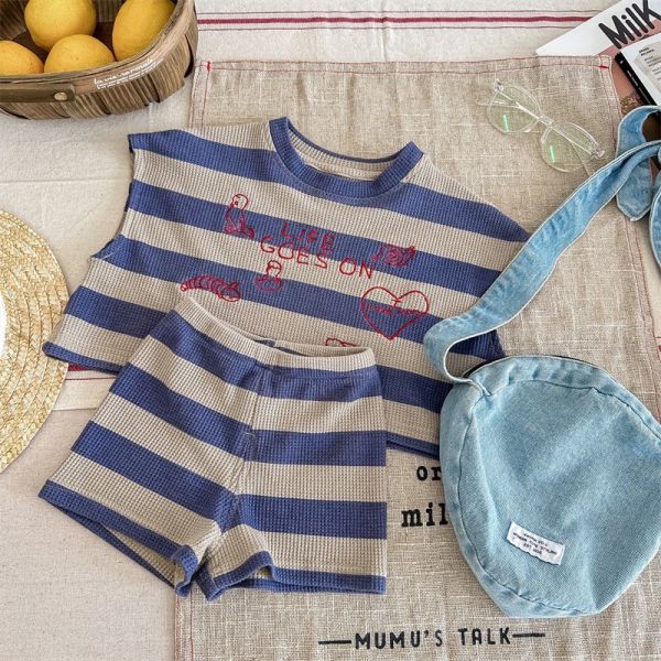 【預購】夏款--男女童字母條紋休閒背心套裝 