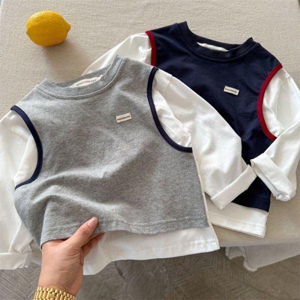 預購秋款男童日系假兩件上衣尺寸90-140 