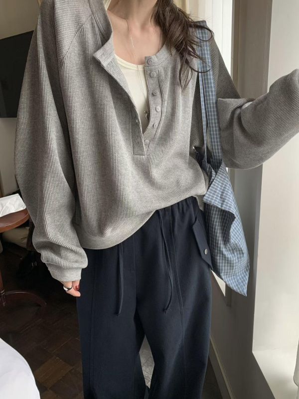 華夫格紋亨利領上衣 