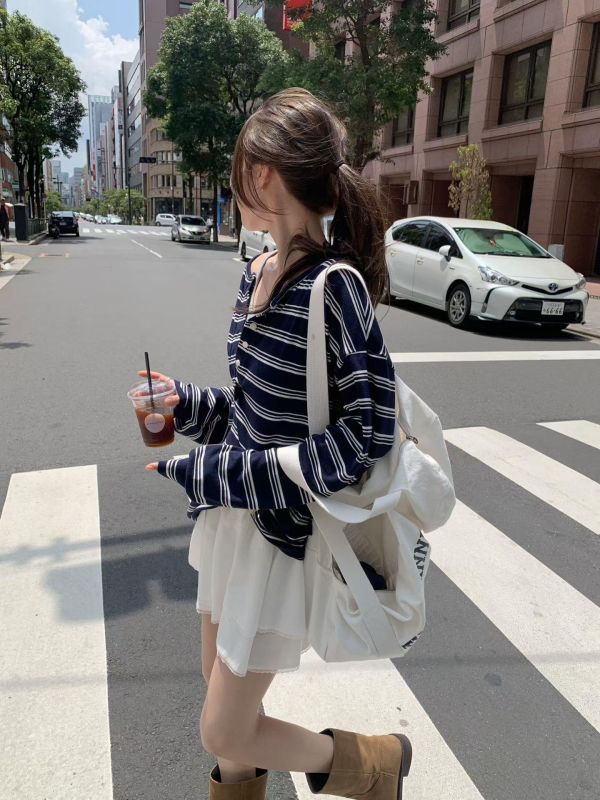 休閒條紋小釦子長T 