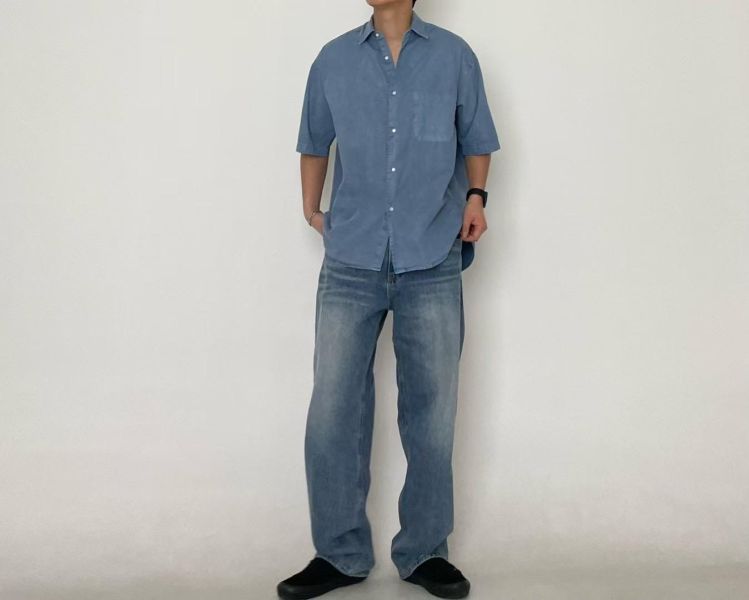 (男裝)休閒寬鬆短襯衫 