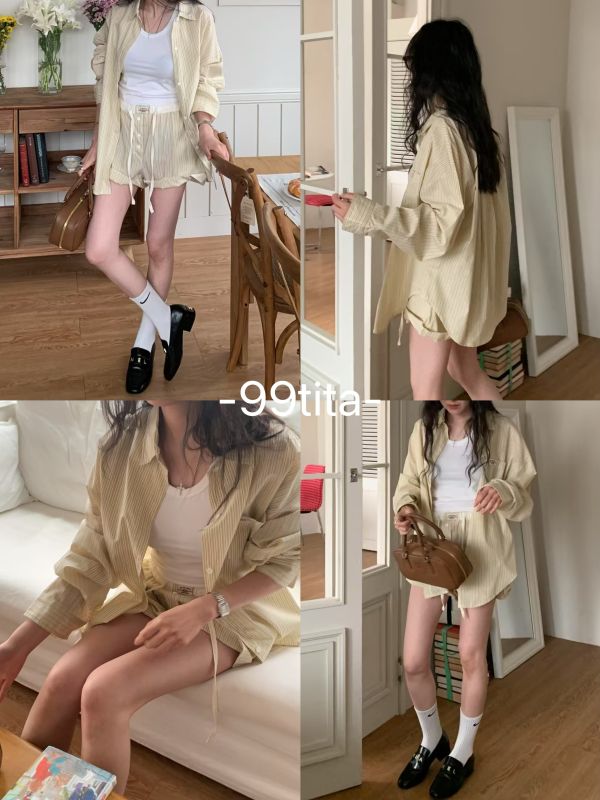 /現貨/質感條紋休閒襯衫套裝 