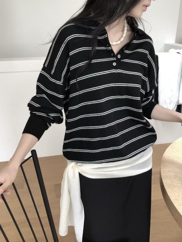 慵懶條紋翻領針織衣 