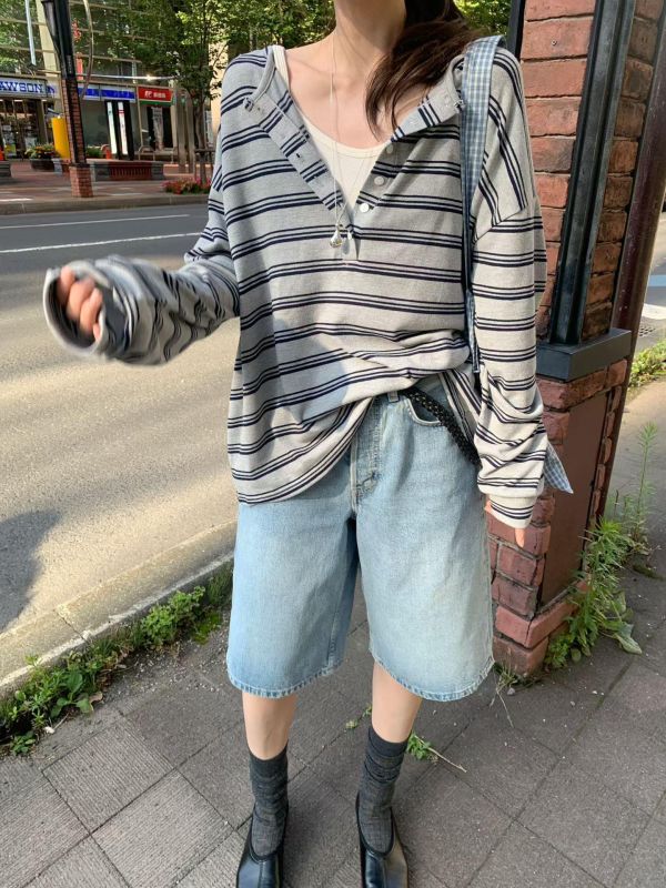 休閒條紋小釦子長T 