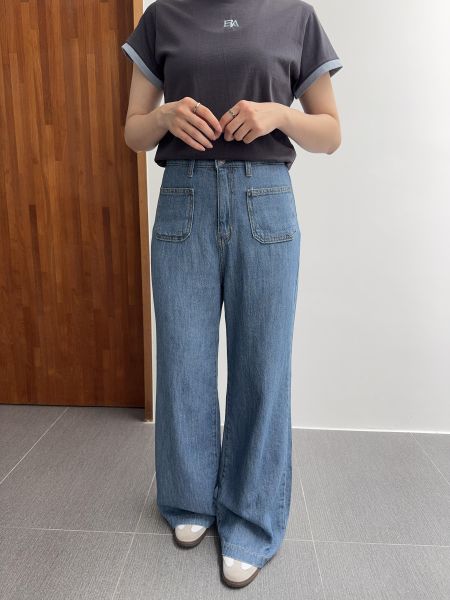 雙口袋棉麻牛仔寬褲 S-XL 