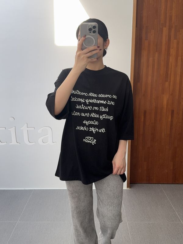 簡約文字七分袖長版T 