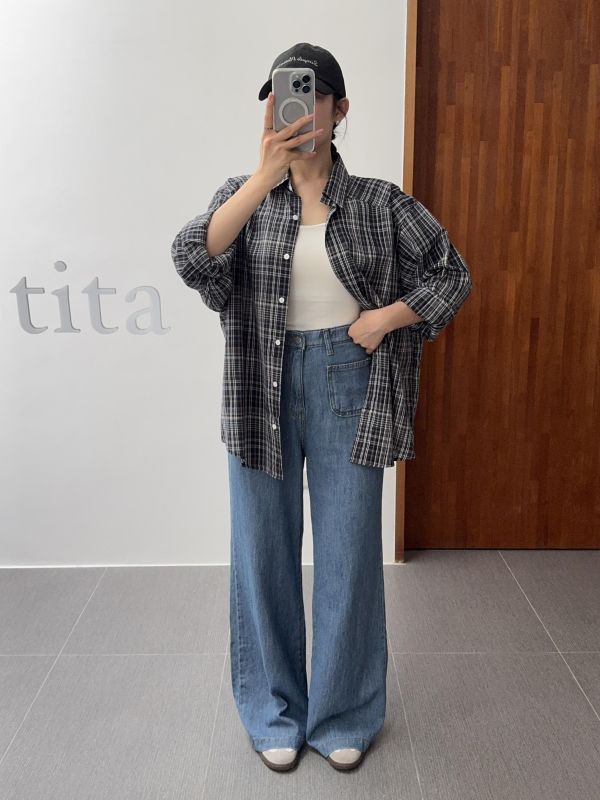 雙口袋棉麻牛仔寬褲 S-XL 