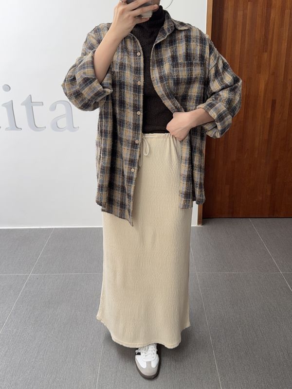 細緻絨面皺皺紋綁繩裙 