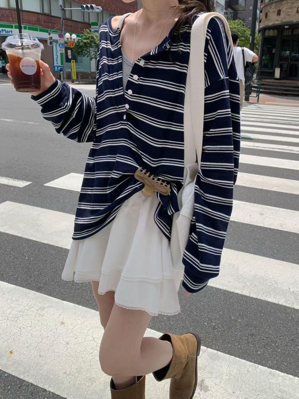 休閒條紋小釦子長T 
