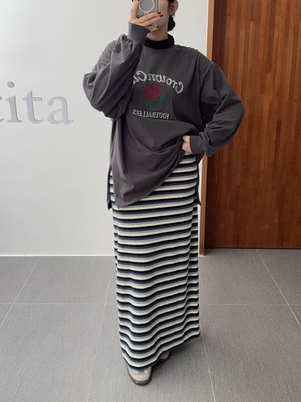 撞色條紋毛毛舒服裙 