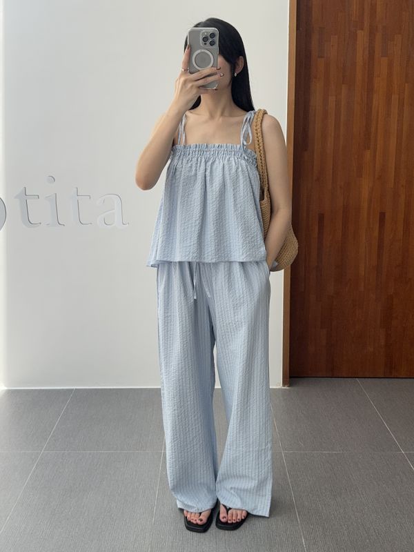 細直紋夏日休閒舒服褲 