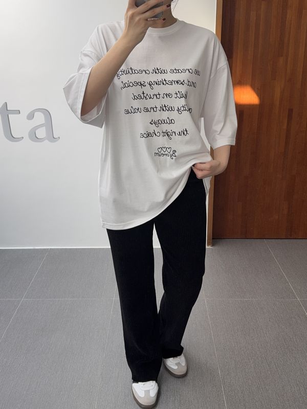 簡約文字七分袖長版T 