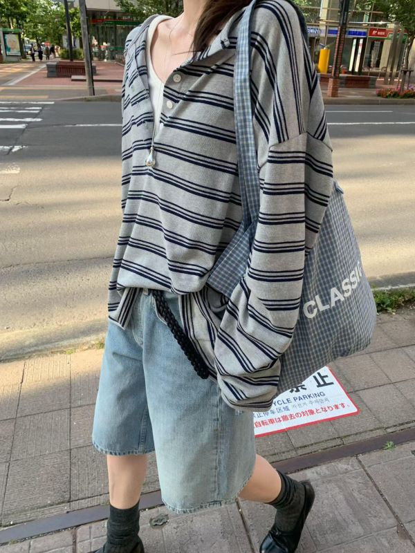 休閒條紋小釦子長T 