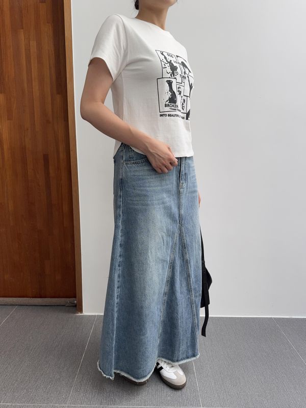 下擺抽鬚牛仔長裙 
