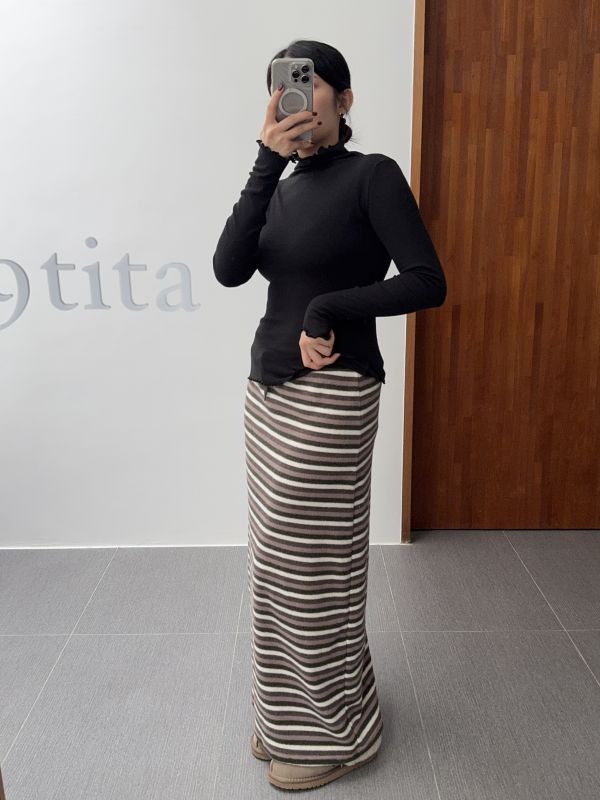 撞色條紋毛毛舒服裙 