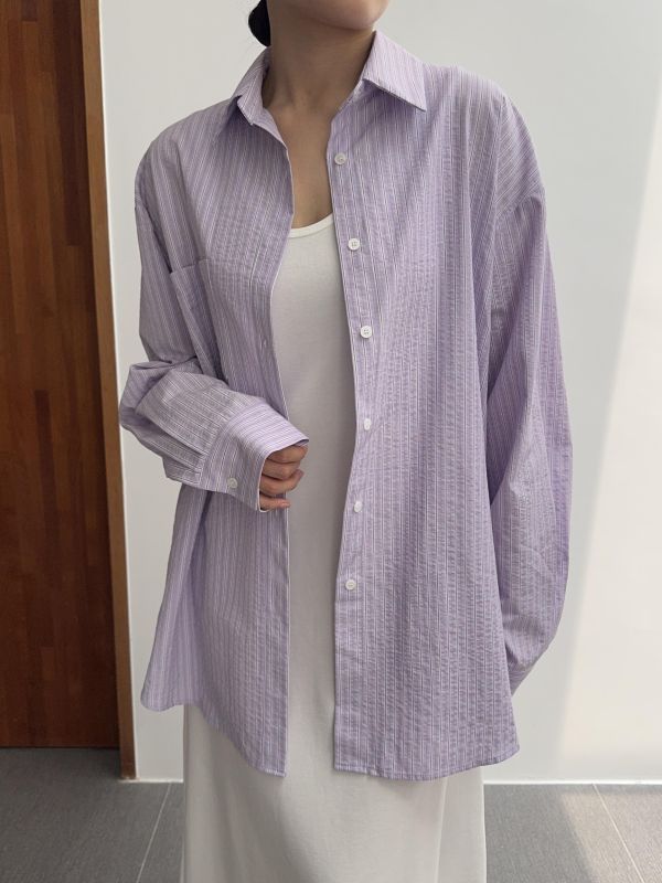 休閒細直紋寬鬆襯衫 