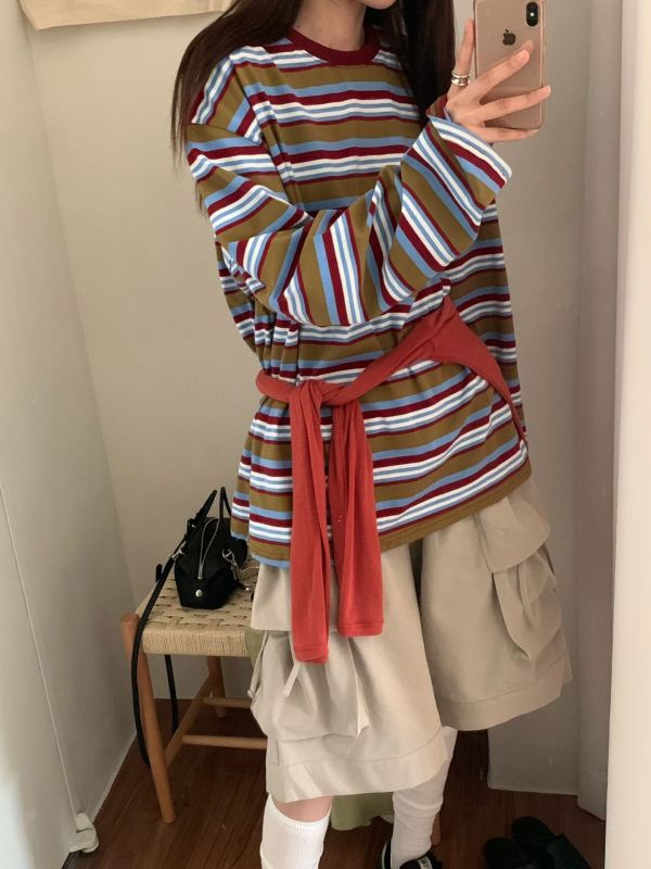 /現貨/休閒撞色條紋長T 