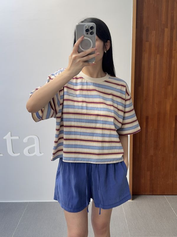 條紋撞色小短版短T 