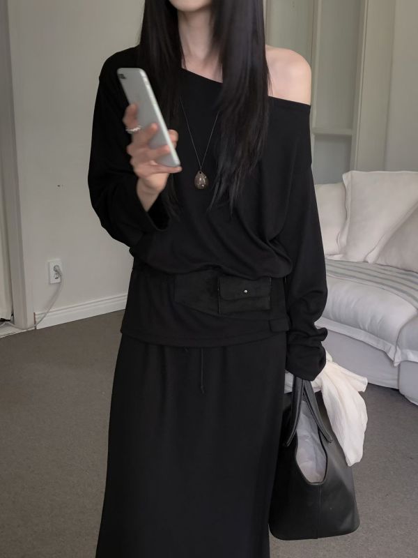 優雅素面舒服長裙套裝 