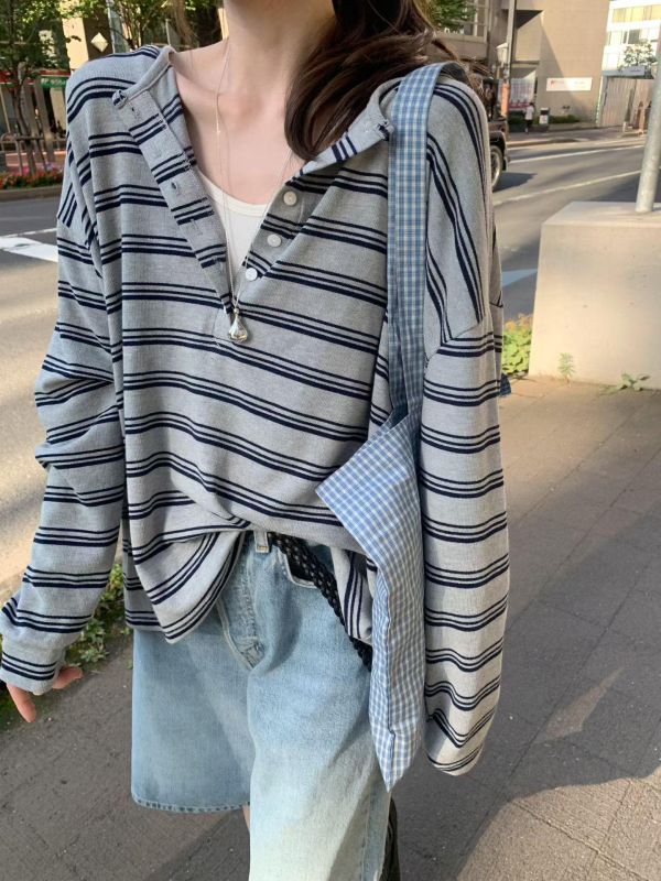 休閒條紋小釦子長T 