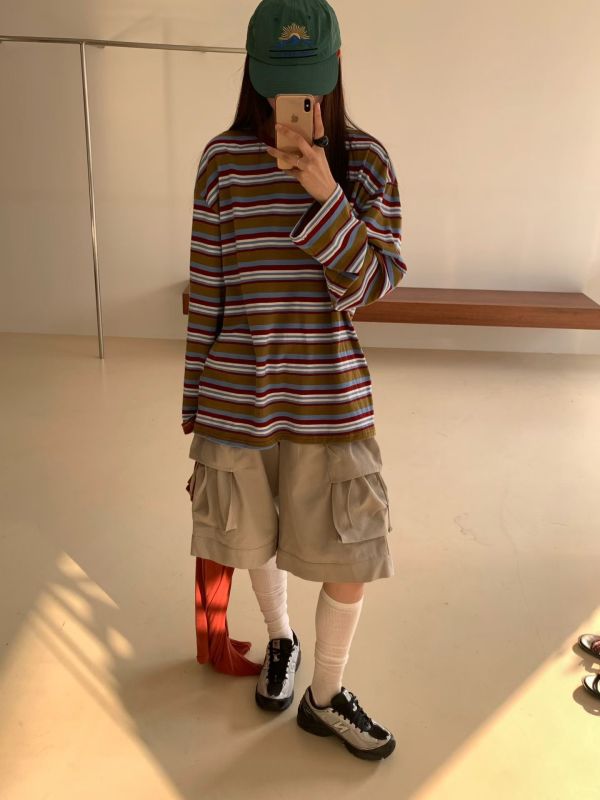 /現貨/休閒撞色條紋長T 