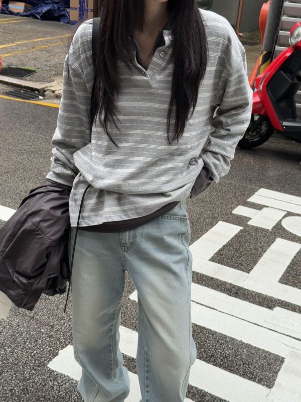 /現貨/時髦條紋POLO領上衣 
