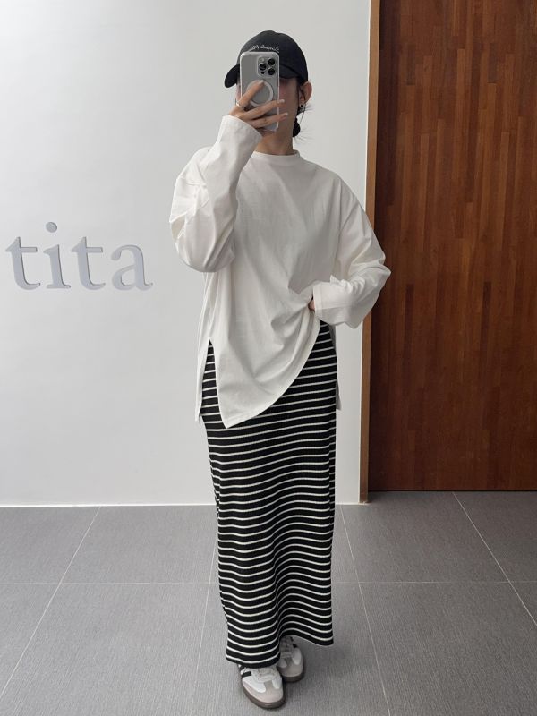 耐看休閒條紋長裙 