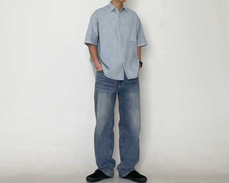 (男裝)休閒寬鬆短襯衫 