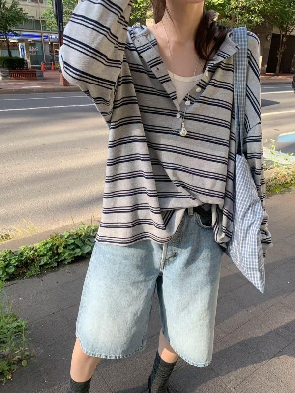 休閒條紋小釦子長T 