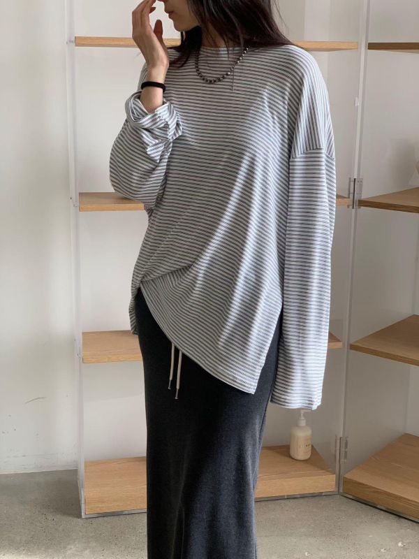 休閒日常側開岔條紋T 