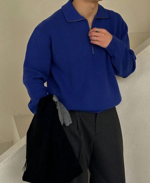 男裝-拉鏈翻領針織上衣 