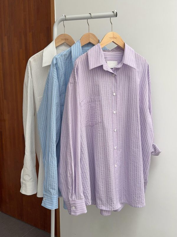 休閒細直紋寬鬆襯衫 