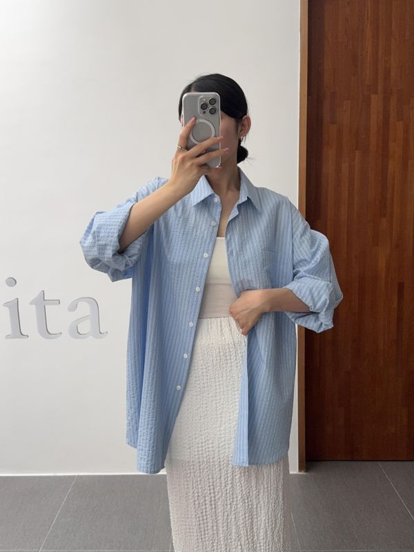 休閒細直紋寬鬆襯衫 