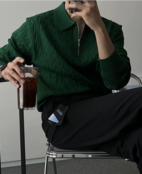 男裝-麻花紋拉鏈領針織衣 