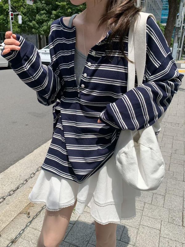 休閒條紋小釦子長T 