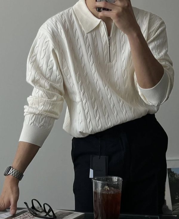 男裝-麻花紋拉鏈領針織衣 