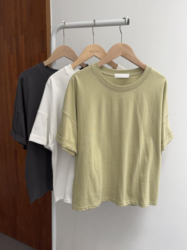 袖口反摺基本短T 