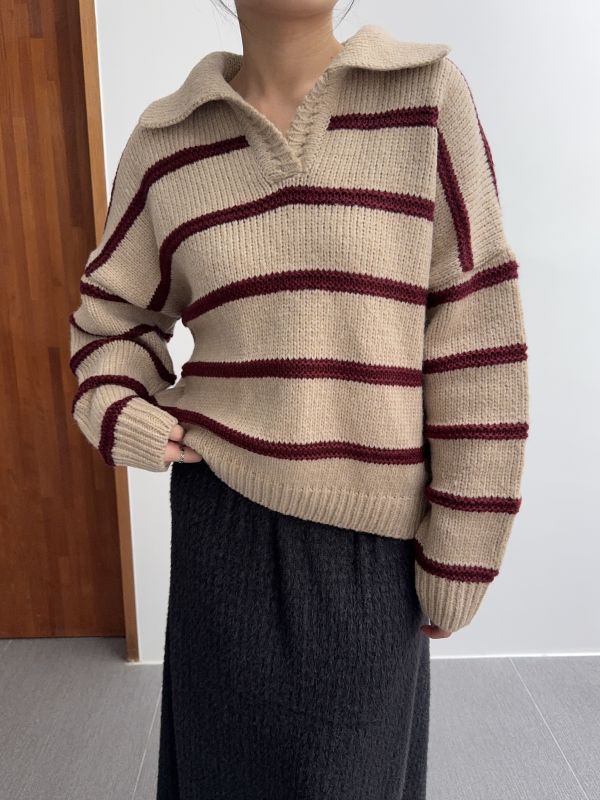 不挑人的翻領條紋針織衣 