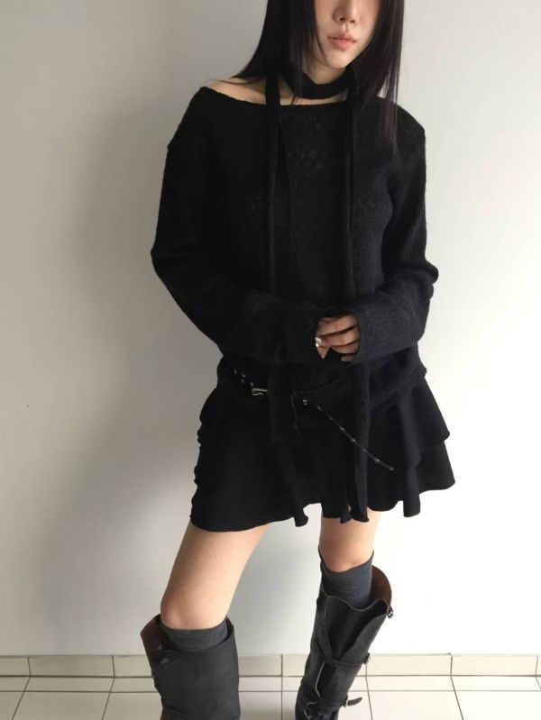 優雅小圍巾簍空針織衣 