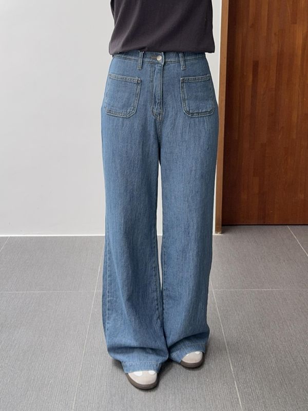雙口袋棉麻牛仔寬褲 S-XL 