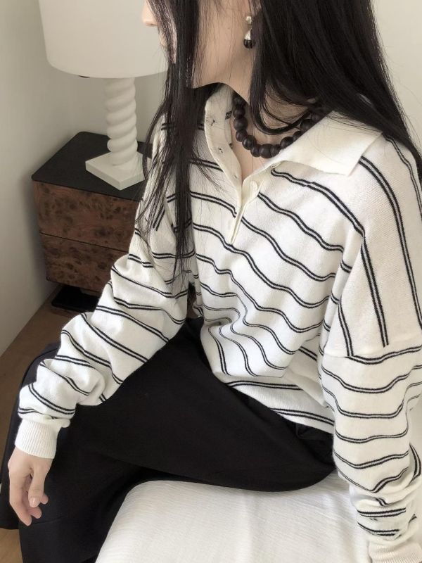 慵懶條紋翻領針織衣 