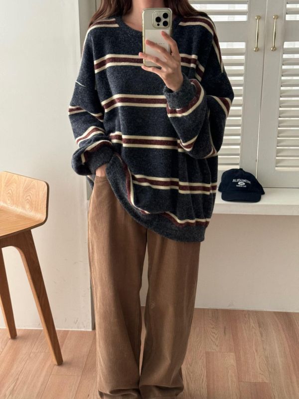 復古條紋寬鬆毛衣 
