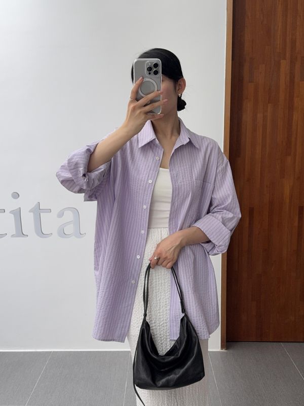 休閒細直紋寬鬆襯衫 