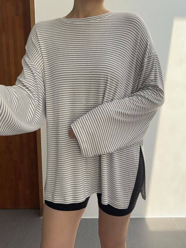 休閒日常側開岔條紋T 
